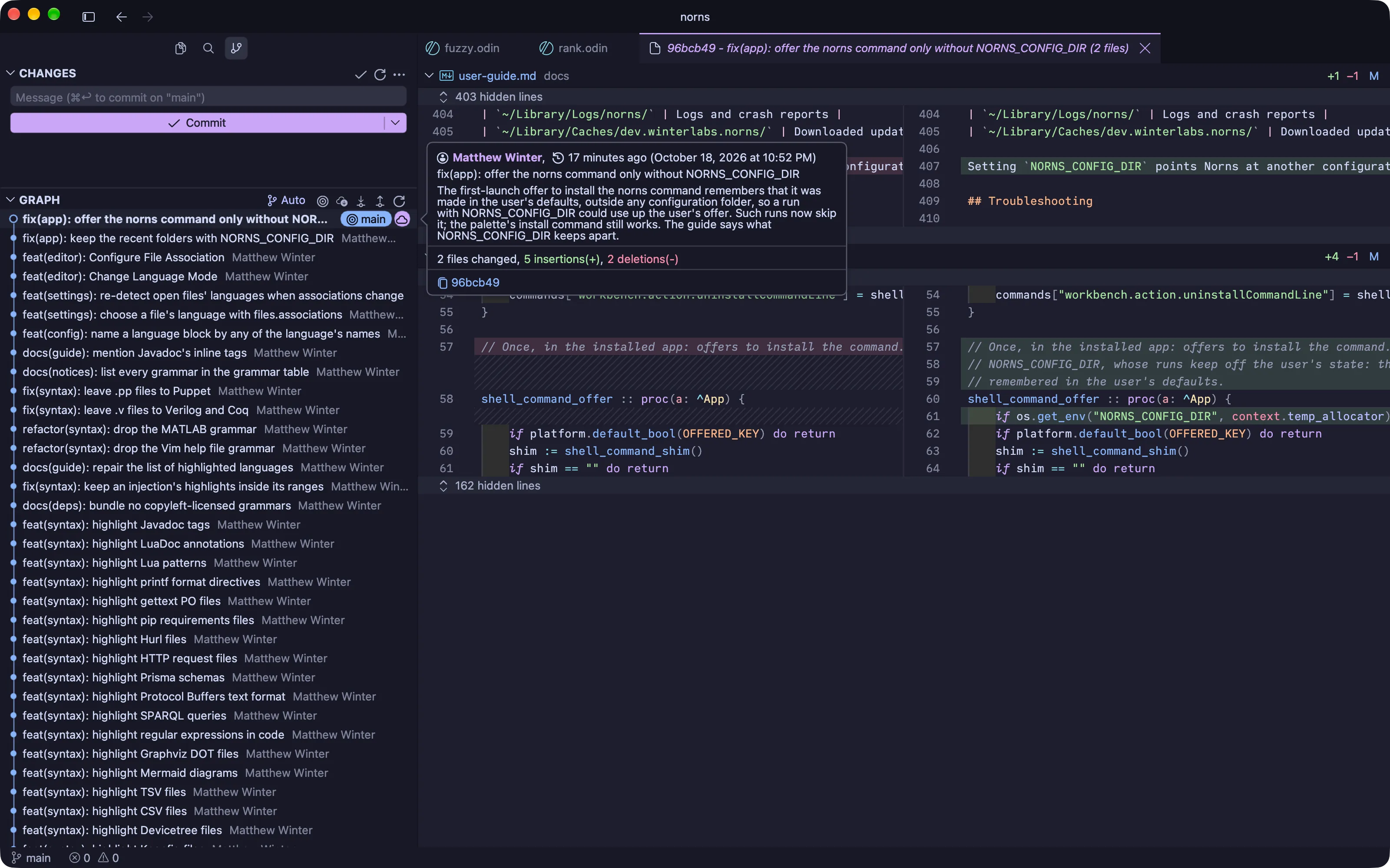 The norns source control graph next to a side-by-side diff of a commit