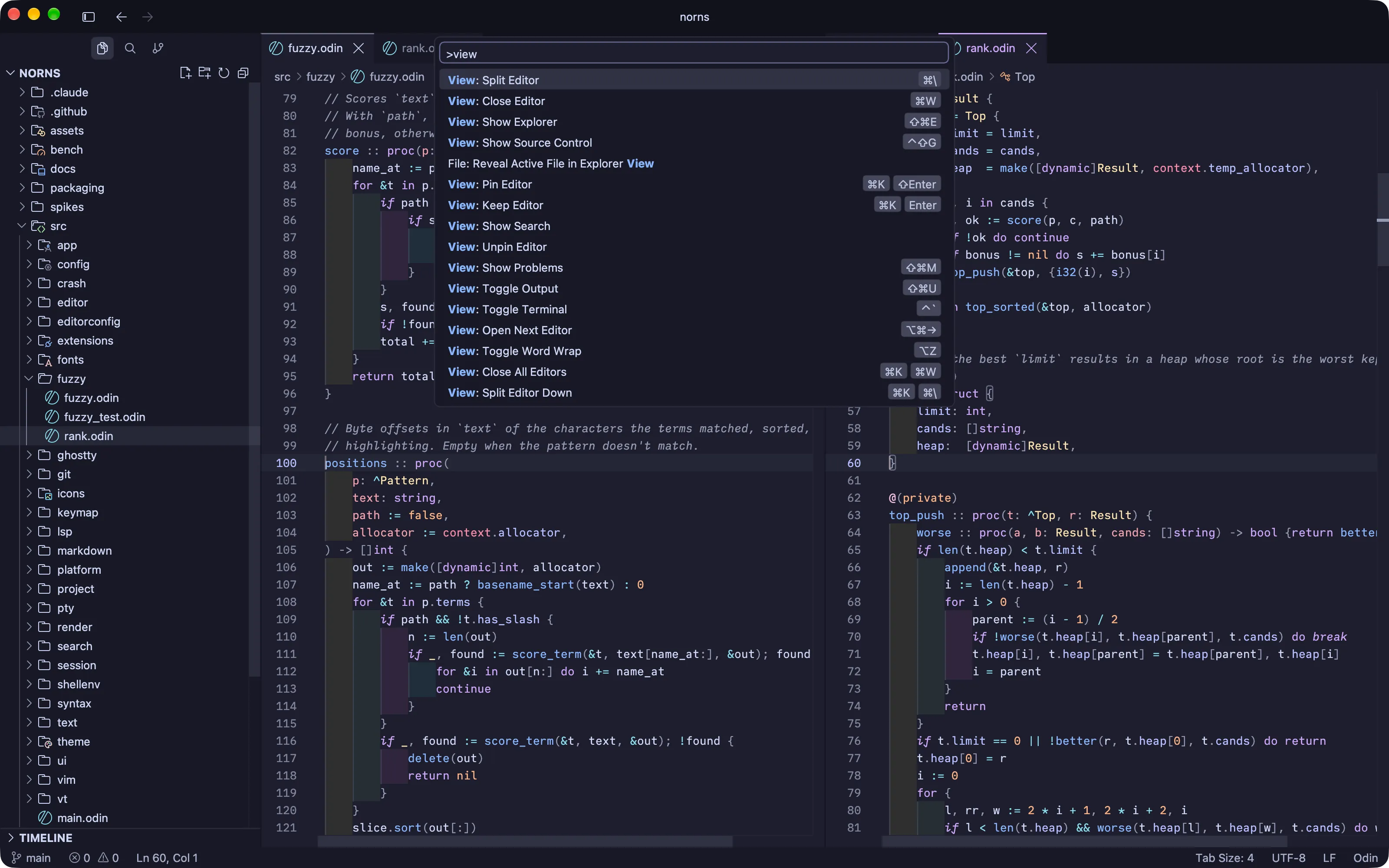 The norns command palette listing View commands with their shortcuts