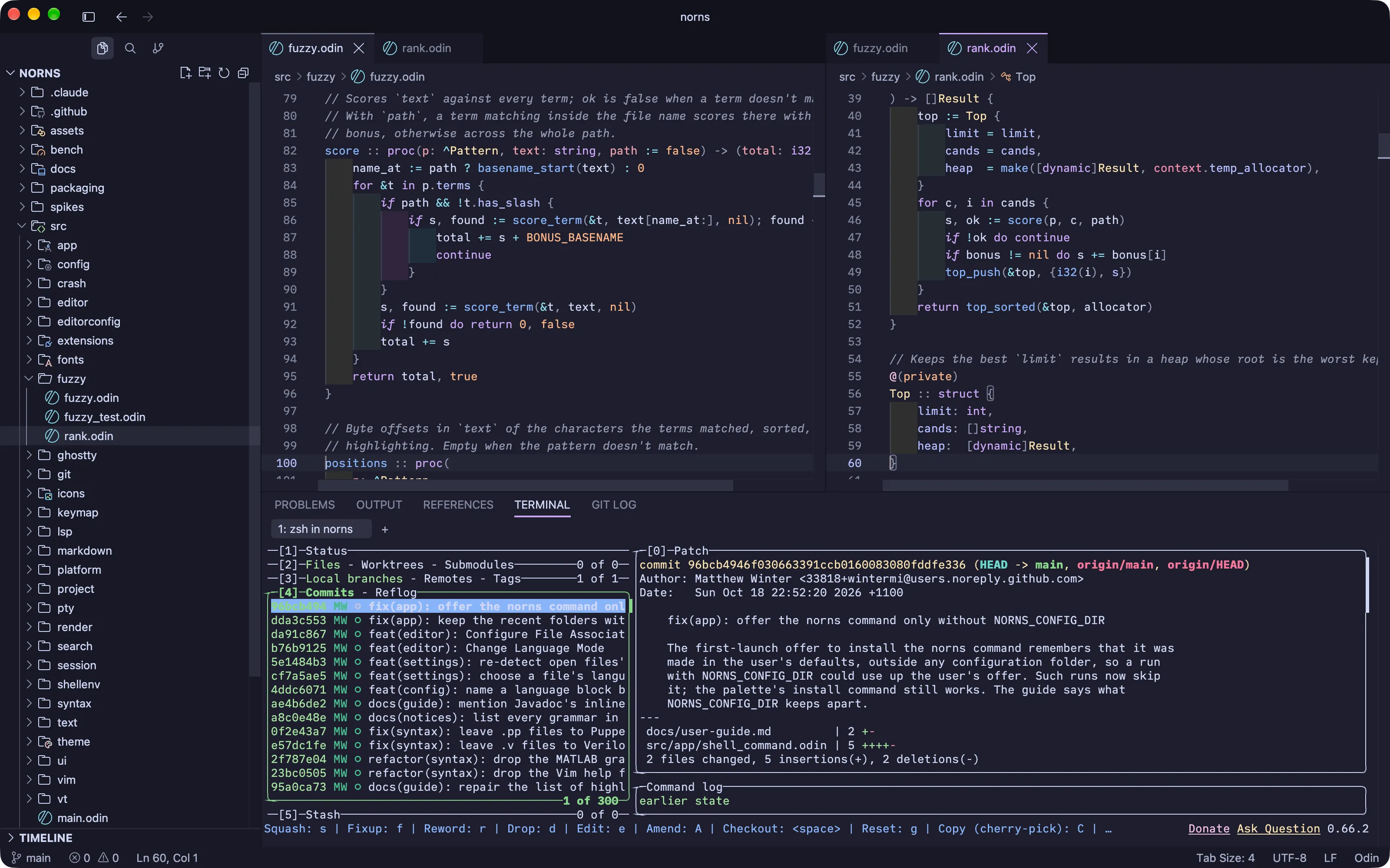 norns with a split editor showing Odin source and an integrated terminal running lazygit
